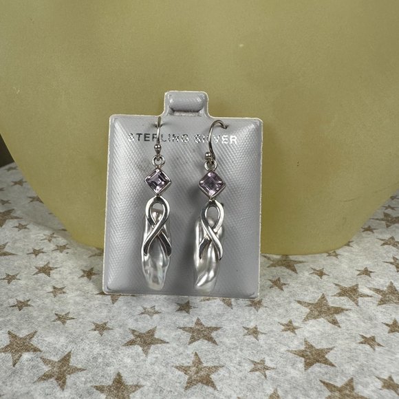 NWOT Real Silver Genuine Pearl & Genuine Amethyst Dangling Earrings - Picture 2 of 3